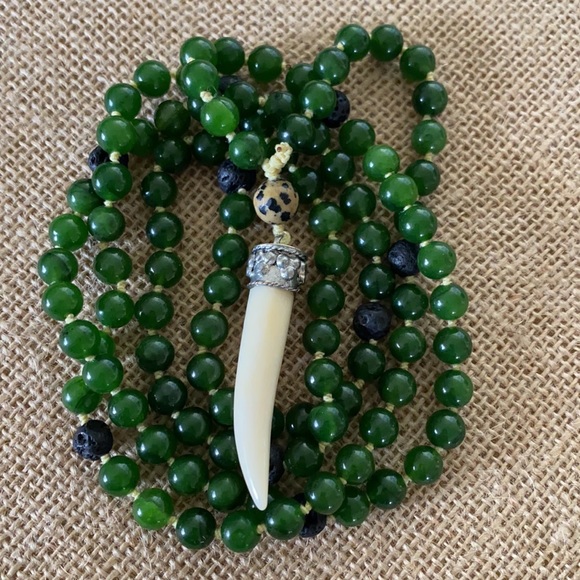 Jade with Lava Beads and bone charm Necklace - Picture 3 of 13